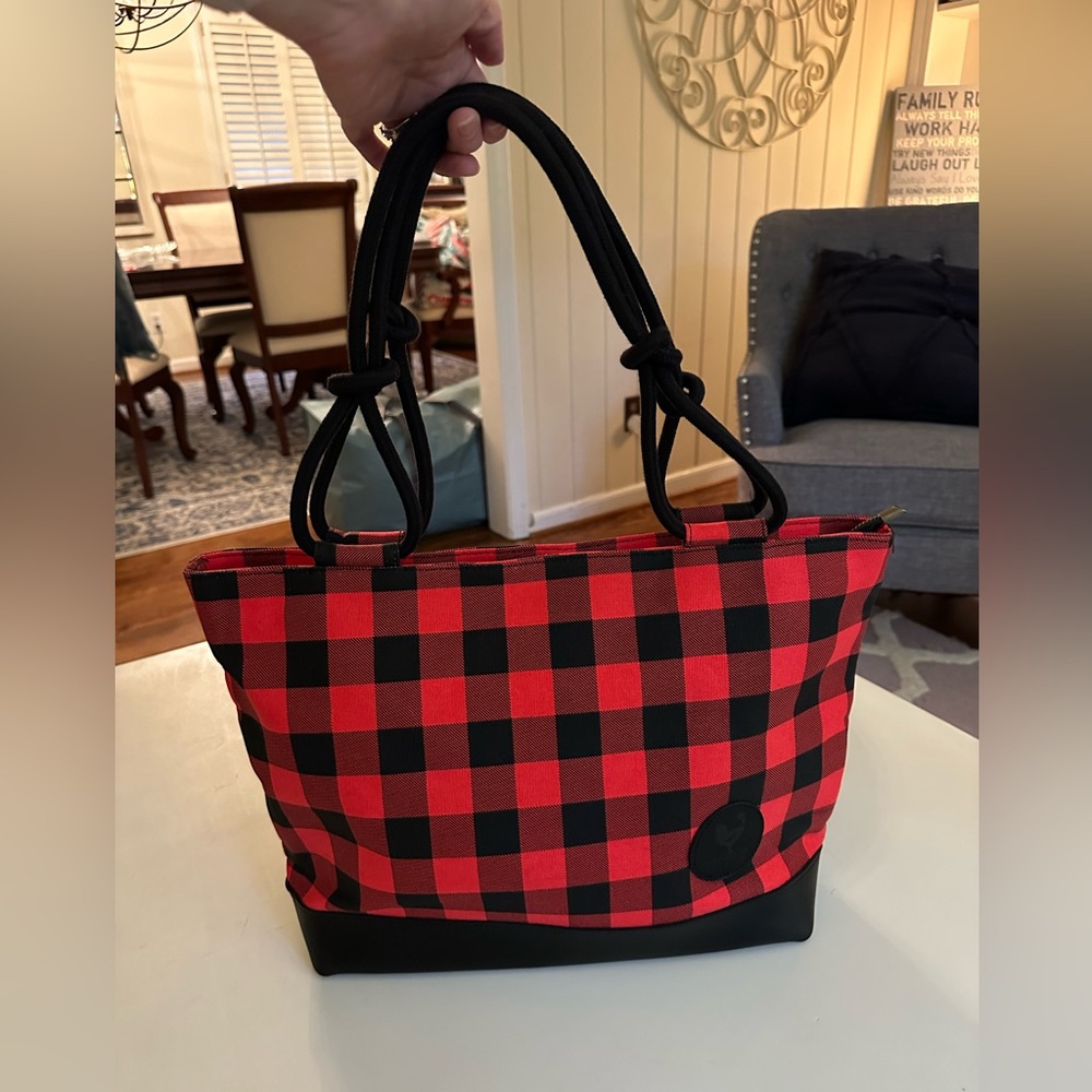 Farmhouse Leather & Canvas Buffalo Check Tote Bag with Black Trim - Red/Black